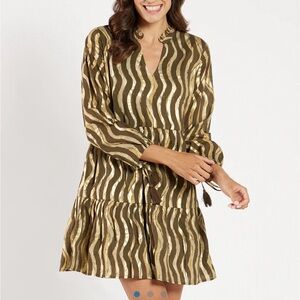 Jude Connally Metallic Gold and Brown Striped Dress 💫 Stunner! Small-Retail $208